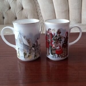 George Victorian Scene Mugs Holiday Set Of 2 Gold Rimmed Fine Bone China England